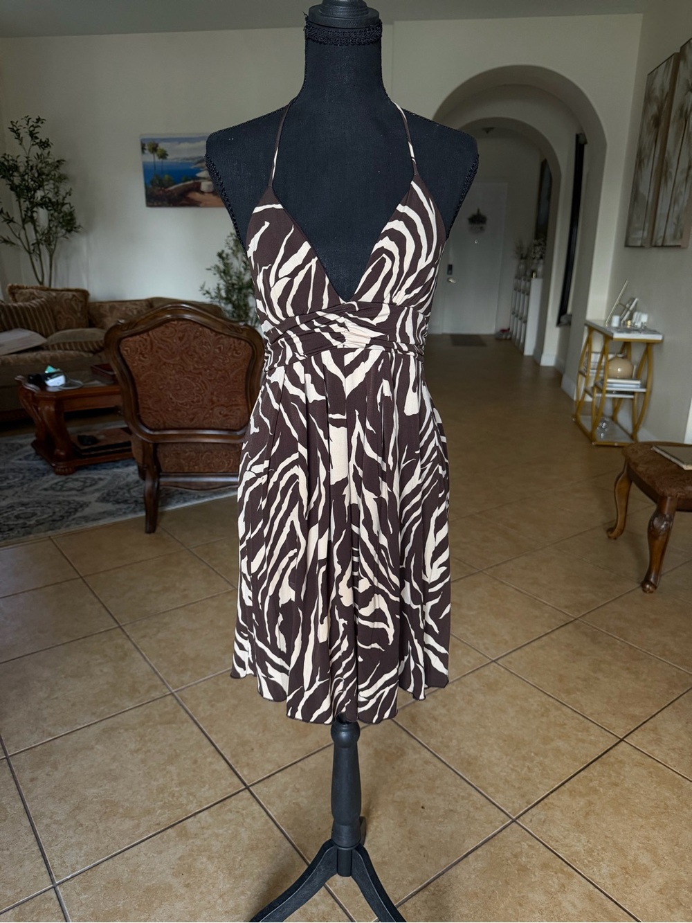 Y2K BCX Brown and Cream Tiger Print Halter Dress